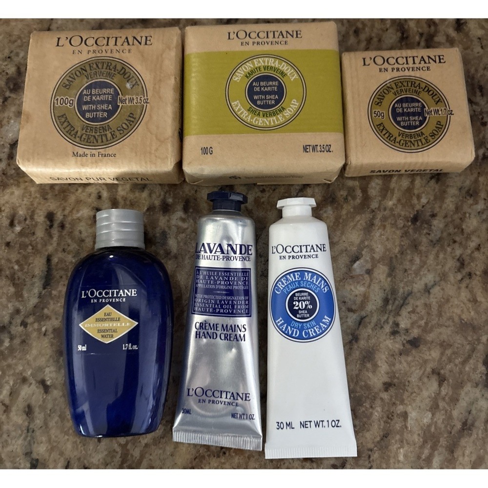 L'Occitane Lot of‎ 6 new  items Soap, Hand Creme, essential water